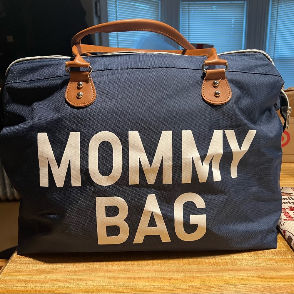 Navy Blue Mommy Bag with Tan Handles